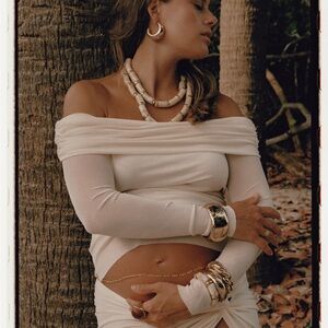 Maternity Cream Off-Shoulder Top and skirt